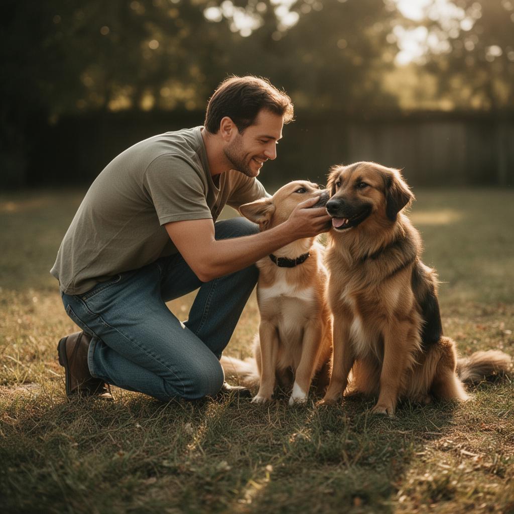 Man in casual clothes caring for two dogs
